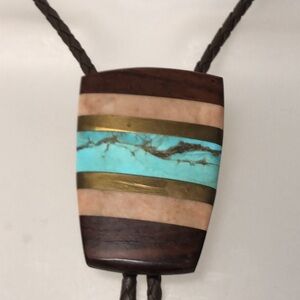 VTG Bennet Beautiful Turquoise Bolo Signed Leather braided Cord with tips